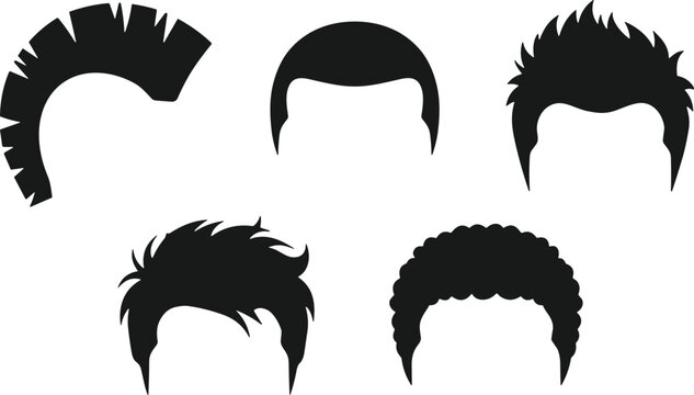 Men Hairstyle Silhouette Set Featuring Mohawk Buzz Cut Spiky and Curly Hair Vector Collection