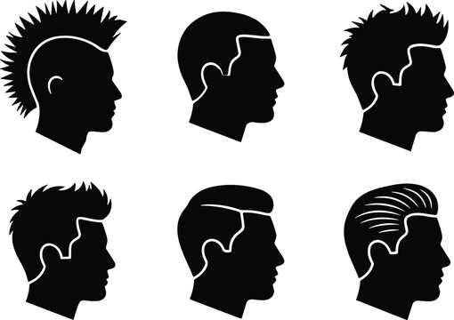 Men Hairstyle Silhouette Collection with Mohawk Pompadour Buzz Cut and Modern Barber Haircuts Vector Set