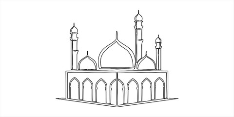 Mosque building with domes and minarets, line art © Ratna Art_Gallery