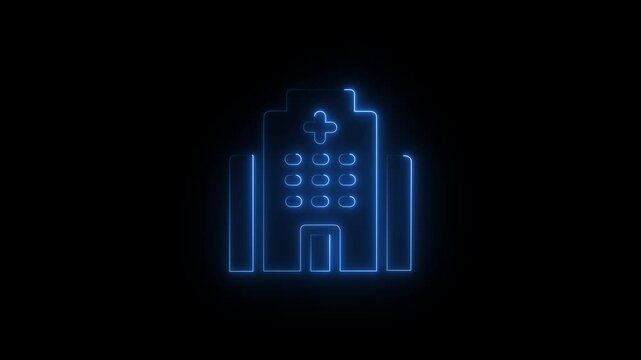 Hospital Icon Neon Glowing Animation Isolated On Black Background. Hospital Building Logo. Sign. Symbol.