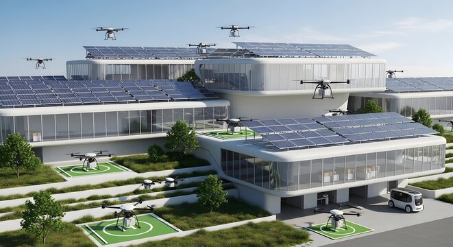 Modern Sustainable Architecture Complex Featuring Automated Drone Delivery Logistics and Solar Energy Integration
