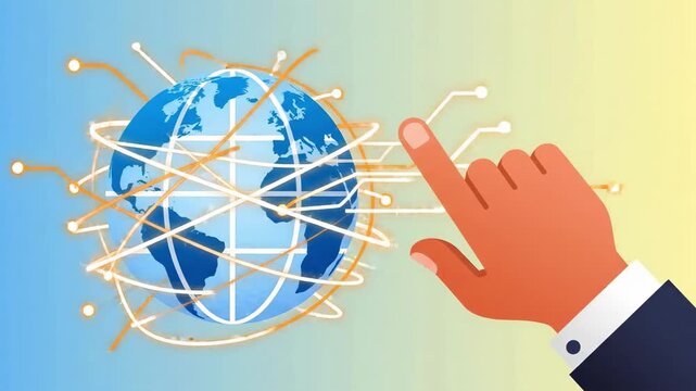 Hand pointing at a stylized globe on a gradient background