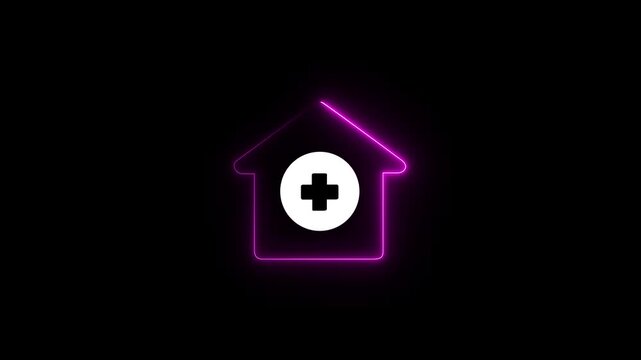 Abstract neon home medical cross icon animation, neon plus sign icon, Plus neon sign. Computer generated 3d render, Neon Glowing Plus Symbol.4k Animation.