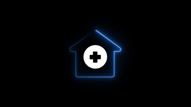 Abstract neon home medical cross icon animation, neon plus sign icon, Plus neon sign. Computer generated 3d render, Neon Glowing Plus Symbol.4k Animation.