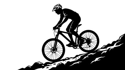 Fototapeta premium Mountain biker silhouette descending rocky slope, extreme sport, active lifestyle.