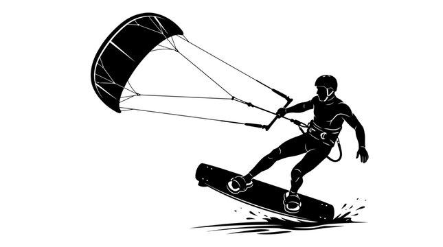 Kitesurfing Silhouette: Rider on Board with Kite, Extreme Water Sport Action