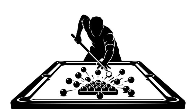 Billiard Player Silhouette Aiming Cue Ball on Pool Table with Balls