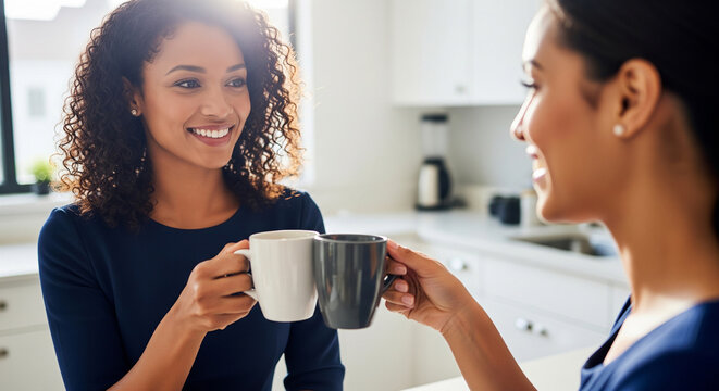 Cheerful businesswomen drinking coffee and talking in kitchen perfect for corporate break concept and professional office culture