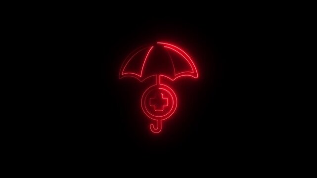 Neon line insurance icon of a person shielded by an umbrella symbolizing the health and protection concept..4k Animation.