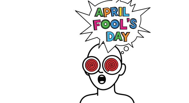 Abstract illustration of a person with spiral eyes and an april fools day speech bubble representing humor, tricks, and surprises.