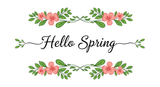 Hello spring greeting text surrounded by beautiful pink floral arrangements and fresh green leaves on a minimalist white background.