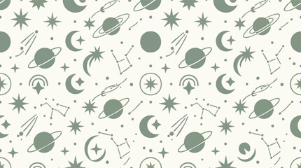 Elegant seamless vector pattern featuring abstract celestial elements, including stars, planets, and crescent moons © Rheyna