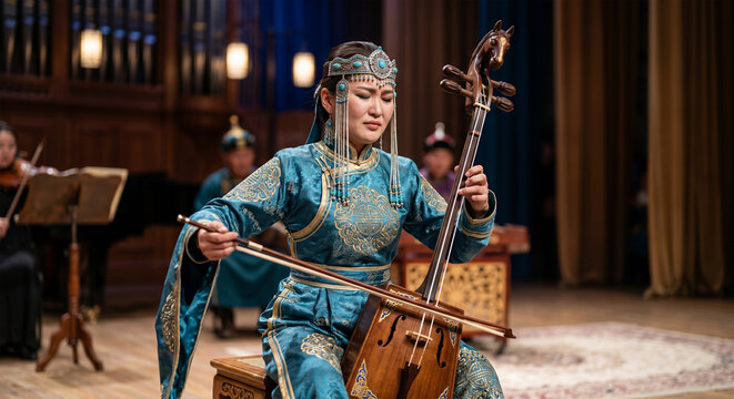 A portrait of a female Morin Khuur player in full traditional attire (deel and elaborate headdress), seated and performing with intense emotion. 