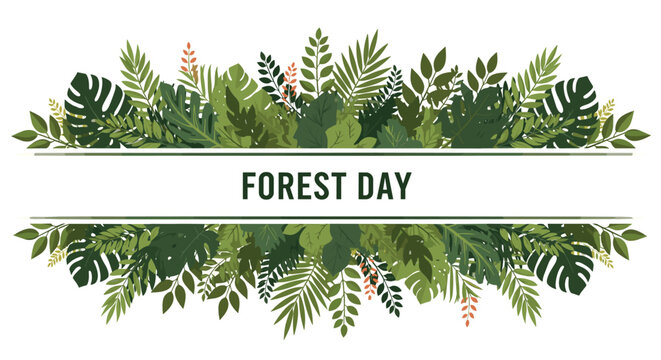 Forest Day banner design featuring a lush green border made of various tropical leaves and plants on a white background.