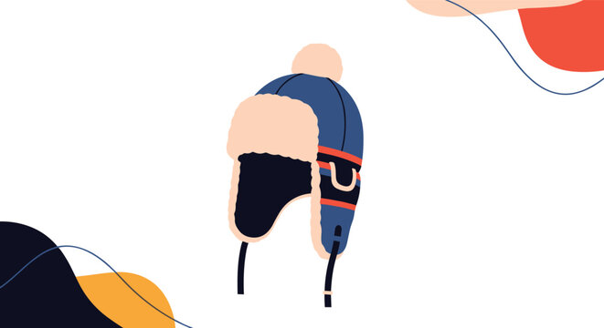 Cozy blue winter trapper hat with fluffy white earflaps and red stripes in a simple cartoon style illustration.