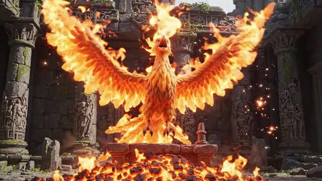 Fiery phoenix emerging from ancient ruins and hot coals