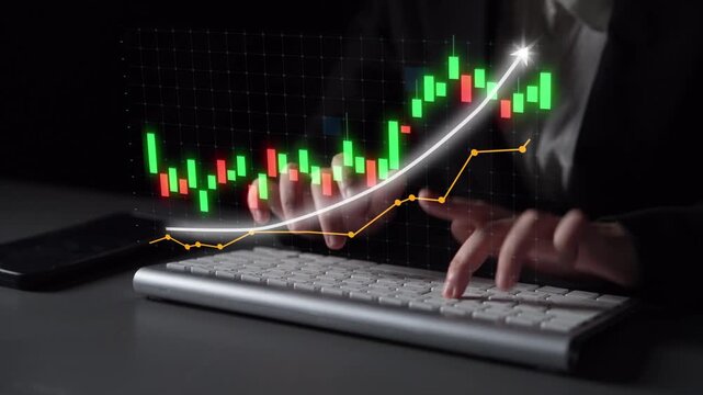 A professional evaluates stock market data on a keyboard, showcasing digital graphs and trends, highlighting the blending of finance and technology in analysis. Copula