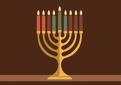 Hanukkah Menorah with Red Green and Black Candles on Dark Background, Jewish Festival of Lights Illustration