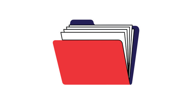 Red office file folder filled with white papers and a dark purple backing tab symbolizing organization and professional data management.