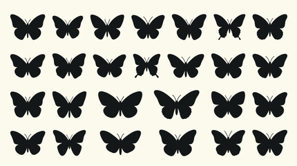 Collection of black butterfly silhouettes on white background. © Ira Project