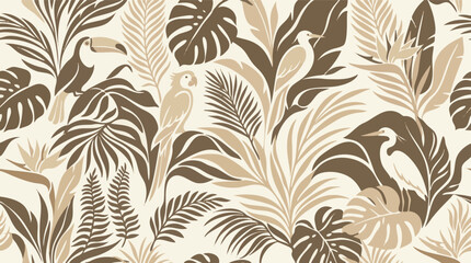Modern tropical vector seamless pattern with lush jungle foliage and exotic birds in earthy tones © Rheyna
