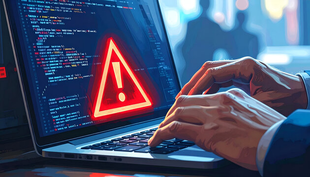 Cybersecurity Warning Alert on Laptop Screen with Hacker Typing.
