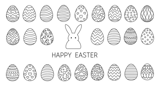 Large collection of diverse easter eggs with different patterns and a bunny silhouette for happy easter coloring page.
