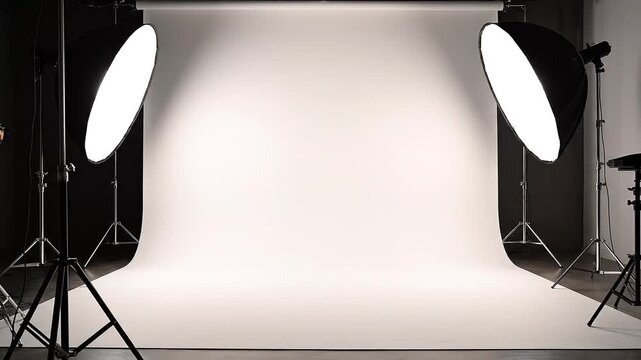 Empty professional photo studio with white seamless backdrop and softbox lighting equipment