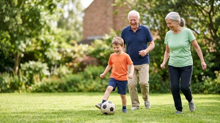 Obraz premium Grandparents and Grandchild Playing Soccer Together in Backyard Garden on Sunny Day
