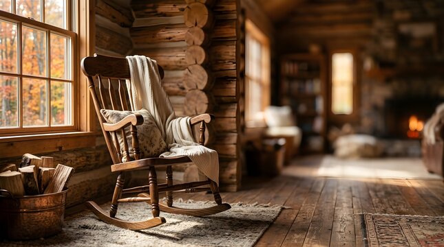 Wooden rocking chair with a warm blanket inside a cozy rustic log cabin