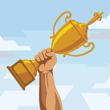 Hand Raised Holding Golden Championship Trophy Victory Celebration Flat Vector Illustration Blue Sky Background
