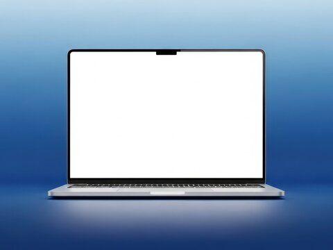 Modern laptop with blank screen on blue background