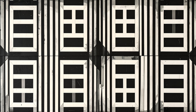 Abstract Black and White Geometric Pattern with Vertical Stripes and Rectangular Grids.