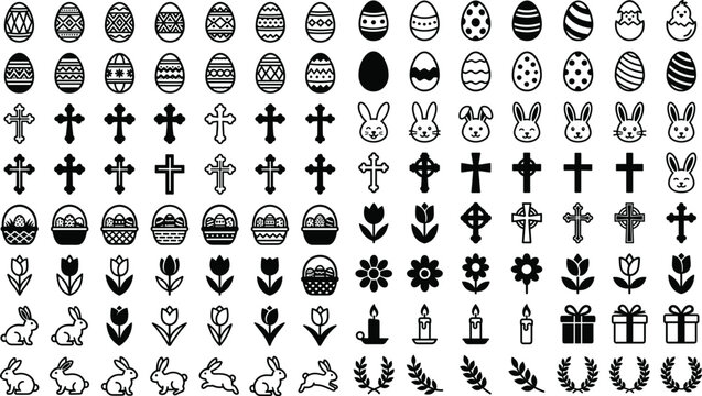 Easter holiday silhouette icon set featuring decorated eggs, crosses, bunnies, flowers, candles, and gift symbols for festive design