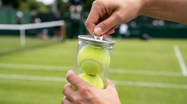 Close up of player hands opening a new pressurized can of yellow tennis balls at grass court