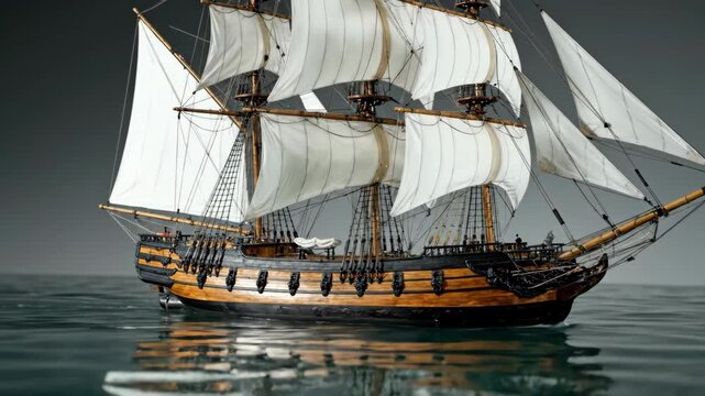 Majestic Tall Ship Sailing on Calm Waters with Full Sails.