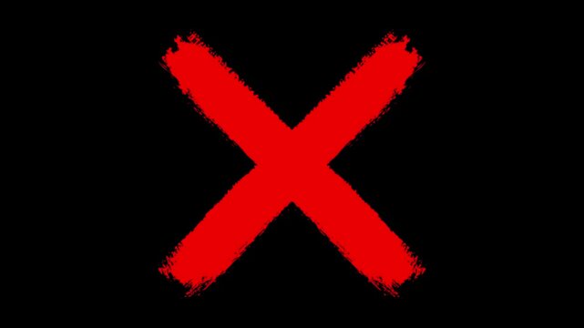 Red cross mark animation, 4k loopable with alpha channel.red cross mark, X brush mark on transparent background.
cross painted by wide brush, X cross Mark, Animated red x mark doodle hand drawn cross.