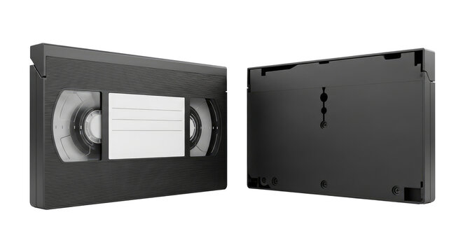 Two black VHS tapes are displayed against a transparent background. The tapes are open, revealing the magnetic tape inside.