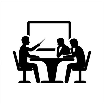 Black silhouettes of people sitting at a table with a whiteboard