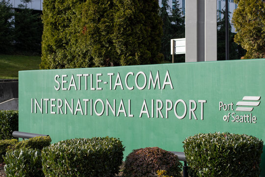 SeaTac, WA, USA - Dec 5, 2024: Entrance sign at Seattle-Tacoma International Airport (SEA) in SeaTac, Washington.