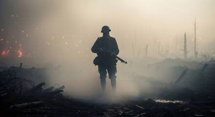 Obraz premium Soldier, a man wearing a gas mask and helmet, stands in a foggy, war-torn landscape holding a rifle. Concept of war and battle.
