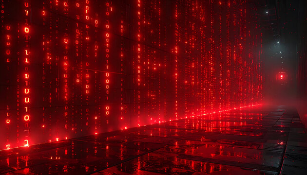 Abstract Red Digital Matrix Code Falling Through Futuristic Cyber Space.