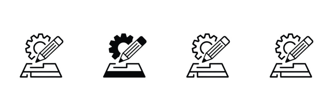 Website Development Icons, content editing symbols, platform configuration process signs, web management workflow vector elements, transparent background.