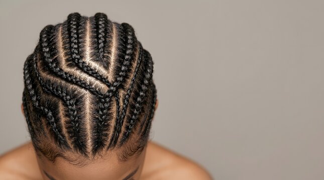 Top View Closeup of Black Woman Head with Creative Detailed Cornrows Braids Pattern Hairstyle