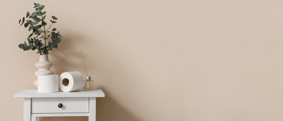 Rolls of toilet paper, aroma sticks and vase with eucalyptus twigs near beige wall in room © Pixel-Shot