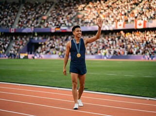 Obraz premium Smiling male athlete wearing gold medal and waving hand on running track at crowded stadium