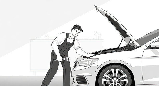 Auto mechanic inspecting car engine with hood open.