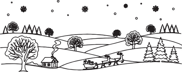 Detailed winter landscape with snow falling over rolling hills evergreen trees a cozy cabin a sleigh being pulled by reindeer black and white outline drawing old fashioned landscape © Salman