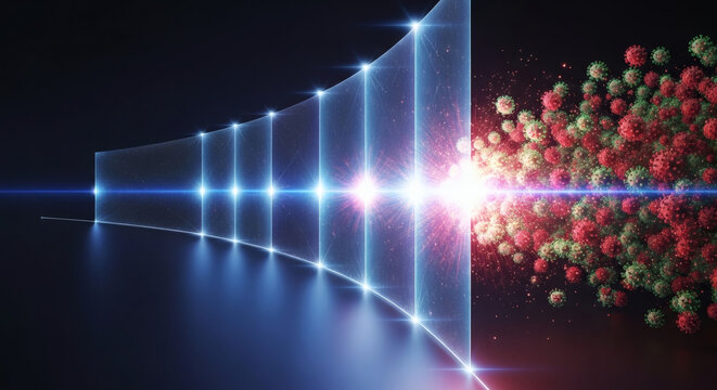 Advanced digital blue light barrier filtering infectious red virus particles and microorganisms in abstract dark space illustration