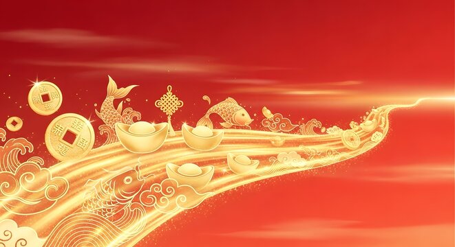 Traditional Chinese New Year Festive Background Featuring Golden Lucky Prosperity Symbols and Ornate Decorative Elements on a Vivid Red Backdrop